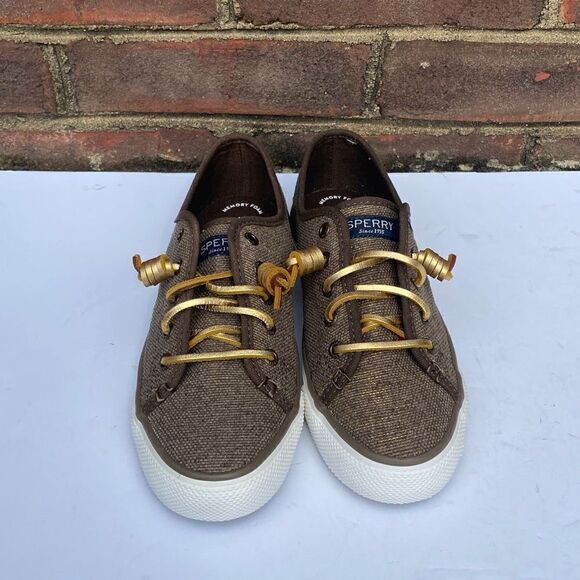 Sperry Top Sider Taupe & Gold Sparkle Seacoast Canvas Sneakers Size 5.5 NEW - Picture 2 of 9